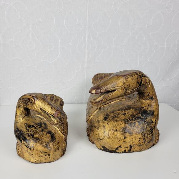 Vintage Carved Italian Wood Ducks Gold Brown 12" 8" Statues‎ 1960s Gilded Large - Picture 7 of 16